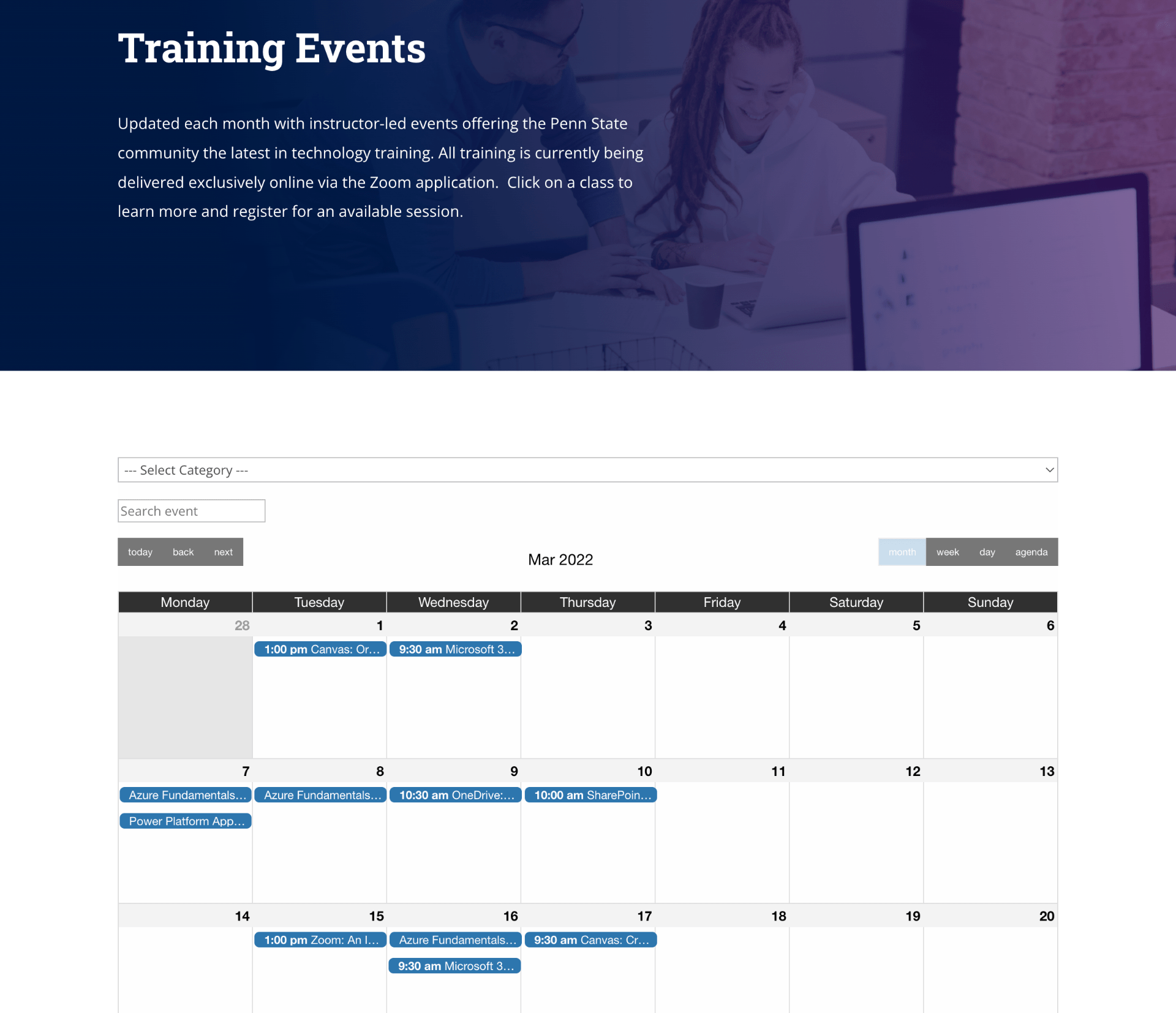 training events calendar